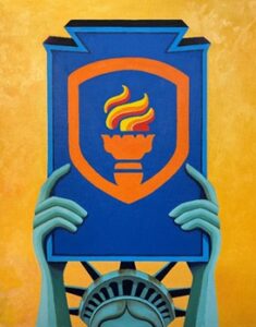 painting of Statue of Liberty holding up ESC logo